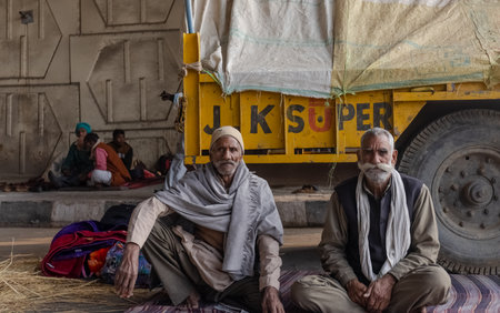 NEW DELHI, INDIA, DECEMBER 2020 : Portrait of Indian farmer from Punjab and other states participating in new farm law bill protest at Delhi-UP border. Farmers from across India protest at Delhi.のeditorial素材