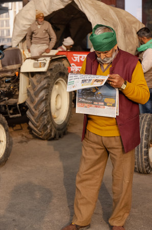 NEW DELHI, INDIA, DECEMBER 2020 : Portrait of Indian farmer from Punjab and other states participating in new farm law bill protest at Delhi-UP border. Farmers from across India protest at Delhi.のeditorial素材