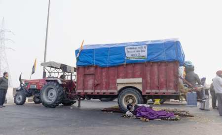 NEW DELHI, INDIA, DECEMBER 2020 : Portrait of Indian farmer from Punjab and other states participating in new farm law bill protest at Delhi-UP border. Farmers from across India protest at Delhi.のeditorial素材