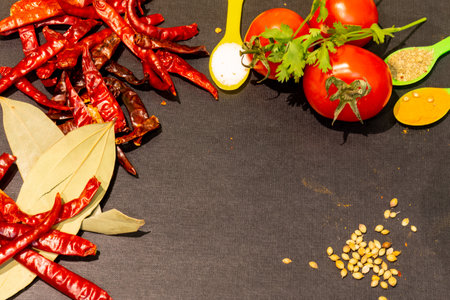Colorful Spices and herbs with vegetables frame on a black wooden background.の写真素材