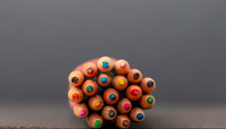 Multi color pencils isolated on black background. Close up shot.の写真素材