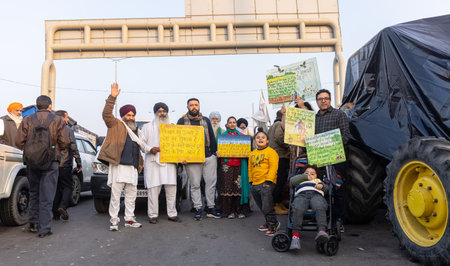 NEW DELHI, INDIA - JANUARY 2021 : Portrait of Old Sikh Indian farmers from different states protests at Ghazipur Border. Farmers are protesting against the new farm laws in India.のeditorial素材