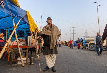 NEW DELHI, INDIA - JANUARY 2021 : Portrait of Old Sikh Indian farmers from different states protests at Ghazipur Border. Farmers are protesting against the new farm laws in India.のeditorial素材