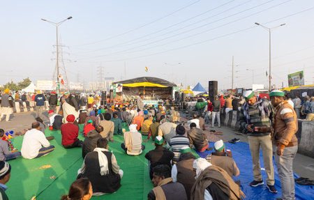 GHAZIABAD, UTTAR PRADESH, INDIA - JANUARY 2021 : Indian Sikh farmers protesting against the new farm bill laws at Ghazipur border near Delhi. Farmers across India protesting against the farm bill.のeditorial素材