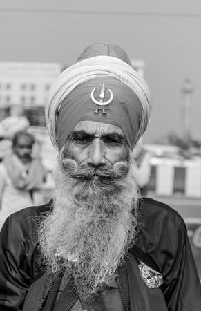 New Delhi, India, December 2020 : Portrait of Sikh farmer from Punjab and other states participating in new farm law bill protest at Delhi-UP border. Farmers from across India protest at Delhi border.のeditorial素材