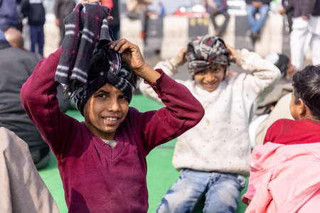 New Delhi, India, December 2020 : Portrait of Sikh farmer from Punjab and other states participating in new farm law bill protest at Delhi-UP border. Farmers from across India protest at Delhi border.のeditorial素材