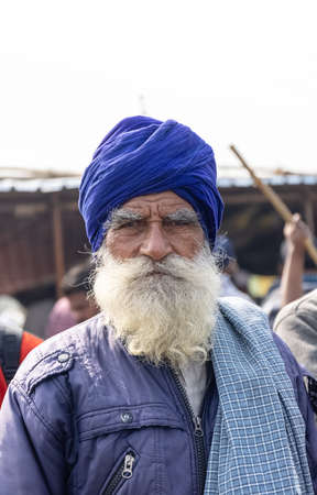 New Delhi, India, December 2020 : Portrait of Sikh farmer from Punjab and other states participating in new farm law bill protest at Delhi-UP border. Farmers from across India protest at Delhi border.のeditorial素材