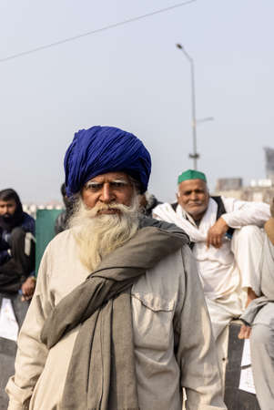 New Delhi, India, December 2020 : Portrait of Sikh farmer from Punjab and other states participating in new farm law bill protest at Delhi-UP border. Farmers from across India protest at Delhi border.のeditorial素材