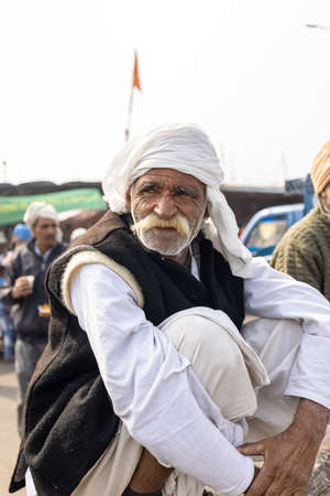 New Delhi, India, December 2020 : Portrait of Sikh farmer from Punjab and other states participating in new farm law bill protest at Delhi-UP border. Farmers from across India protest at Delhi border.のeditorial素材