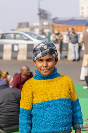 New Delhi, India, December 2020 : Portrait of Sikh farmer from Punjab and other states participating in new farm law bill protest at Delhi-UP border. Farmers from across India protest at Delhi border.のeditorial素材