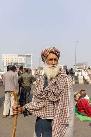 New Delhi, India, December 2020 : Portrait of Sikh farmer from Punjab and other states participating in new farm law bill protest at Delhi-UP border. Farmers from across India protest at Delhi border.のeditorial素材