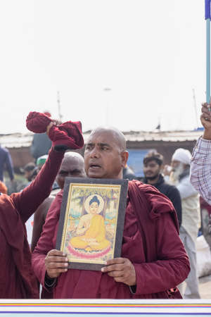 New Delhi, India, December 2020 : Portrait of Sikh farmer from Punjab and other states participating in new farm law bill protest at Delhi-UP border. Farmers from across India protest at Delhi border.のeditorial素材