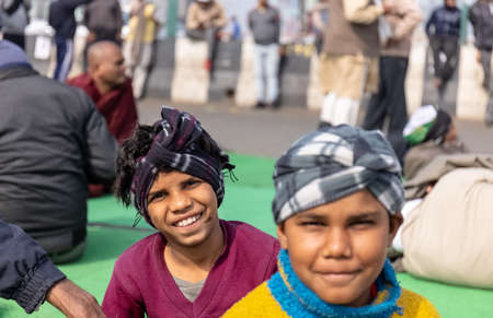 New Delhi, India, December 2020 : Portrait of Sikh farmer from Punjab and other states participating in new farm law bill protest at Delhi-UP border. Farmers from across India protest at Delhi border.のeditorial素材