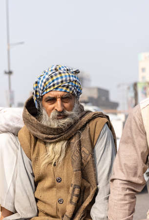 New Delhi, India, December 2020 : Portrait of Sikh farmer from Punjab and other states participating in new farm law bill protest at Delhi-UP border. Farmers from across India protest at Delhi border.のeditorial素材