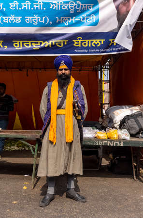 New Delhi, India, December 2020 : Portrait of Sikh farmer from Punjab and other states participating in new farm law bill protest at Delhi-UP border. Farmers from across India protest at Delhi border.のeditorial素材
