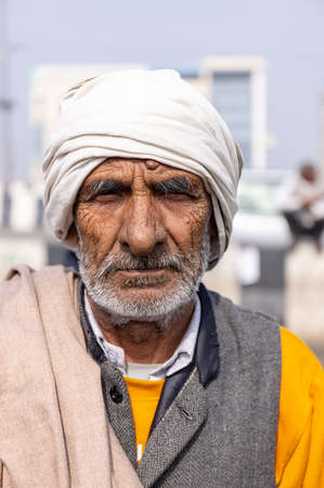 New Delhi, India, December 2020 : Portrait of Sikh farmer from Punjab and other states participating in new farm law bill protest at Delhi-UP border. Farmers from across India protest at Delhi border.のeditorial素材