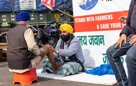 New Delhi, India, December 2020 : Portrait of Sikh farmer from Punjab and other states participating in new farm law bill protest at Delhi-UP border. Farmers from across India protest at Delhi border.のeditorial素材