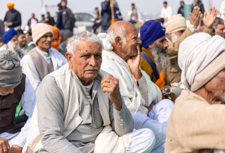 New Delhi, India, December 2020 : Portrait of Sikh farmer from Punjab and other states participating in new farm law bill protest at Delhi-UP border. Farmers from across India protest at Delhi border.のeditorial素材