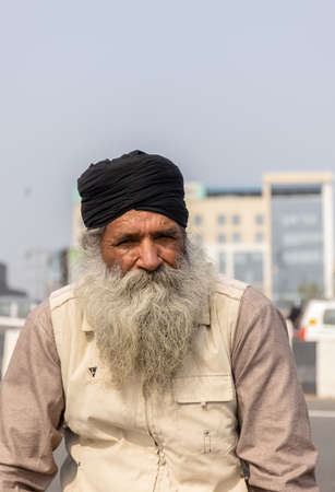 New Delhi, India, December 2020 : Portrait of Sikh farmer from Punjab and other states participating in new farm law bill protest at Delhi-UP border. Farmers from across India protest at Delhi border.のeditorial素材