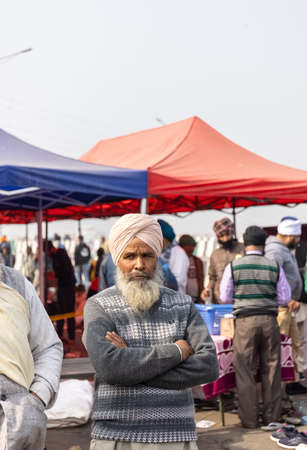 New Delhi, India, December 2020 : Portrait of Sikh farmer from Punjab and other states participating in new farm law bill protest at Delhi-UP border. Farmers from across India protest at Delhi border.のeditorial素材
