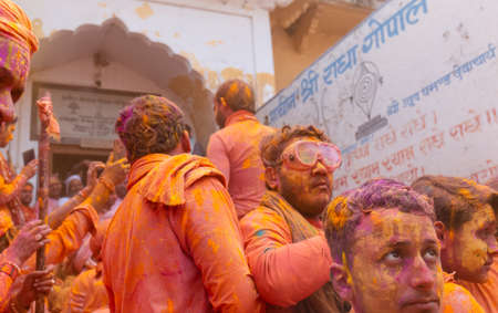 BARSANA, UTTAR PRADESH, INDIA - MARCH 2020 : Unidentified people from Nandgaon visits Barsana to...