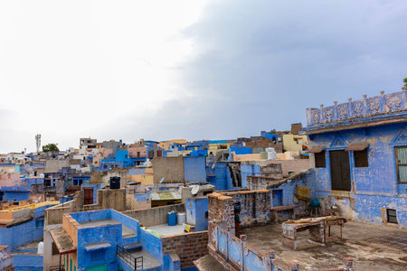 JODHPUR, RAJASTHAN, INDIA - JULY 2021: The bright blue color street and houses of the blue city in navchokiya of Jodhpur.のeditorial素材