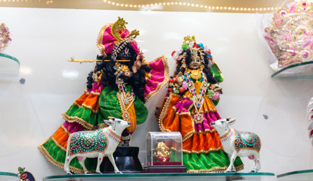 Vrindavan, Uttar Pradesh, India - August 2021: Idol of Lord Krishna, Idol of lord Krishna and Radha on display to celebrate the festival Shri Krishna Janmashtami.のeditorial素材