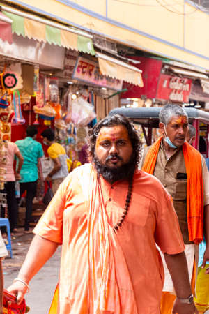 VRINDAVAN, UTTAR PRADESH, INDIA - AUGUST 2021: Krishna Janmashtami, Portrait of Indian people in vrindavan to get worship of lord krishna.のeditorial素材