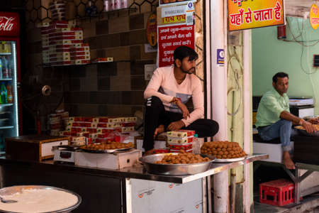Vrindavan, Uttar Pradesh, India - August 2021: Market view, View of local shops in market of Vrindavan for selling the Grocery products.のeditorial素材