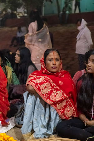 Ghaziabad, Uttar Pradesh, India - November 2021: Chhath Puja, Indian hindu devotees performing...