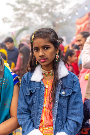 Ghaziabad, Uttar Pradesh, India - November 2021: Chhath Puja, Indian hindu devotees performing...