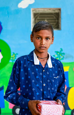 Noida, Uttar Pradesh, India - August 2021: Education, Portrait of Indian poor students from village...