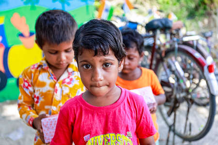 Noida, Uttar Pradesh, India - August 2021: Education, Portrait of Indian poor students from village...