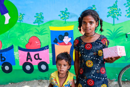 Noida, Uttar Pradesh, India - August 2021: Education, Portrait of Indian poor students from village...