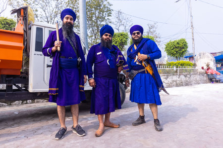 Anandpur Sahib, Punjab, India - March 2022: Portrait of sikh male (Nihang Sardar) during the celebration of Hola Mohalla at Anandpur Sahib during holi festival. Selective focus onのeditorial素材