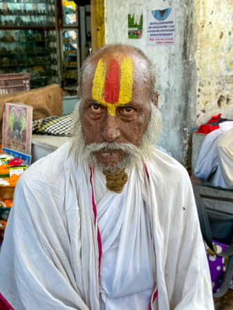 Pushkar, Rajasthan, India - November 2022: Portrait of an old  sadhu baba on the street of Pushkar...