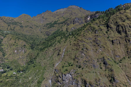 Himalaya landscape, Panoramic view of himalayan mountain covered with snow. Himalaya mountain landscape in winter in kedarnath valley.の写真素材