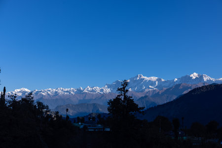 Himalaya landscape, Panoramic view of himalayan mountain covered with snow. Himalaya mountain landscape in winter in kedarnath valley.の写真素材