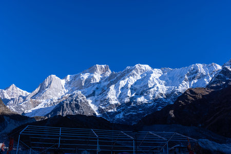Himalaya landscape, Panoramic view of himalayan mountain covered with snow. Himalaya mountain landscape in winter in kedarnath valley.の写真素材