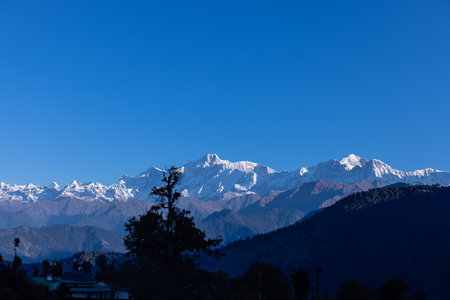 Himalaya landscape, Panoramic view of himalayan mountain covered with snow. Himalaya mountain landscape in winter in kedarnath valley.の写真素材