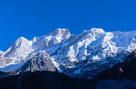 Himalaya landscape, Panoramic view of himalayan mountain covered with snow. Himalaya mountain landscape in winter in kedarnath valley.の写真素材