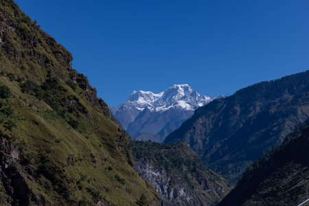 Himalaya landscape, Panoramic view of himalayan mountain covered with snow. Himalaya mountain landscape in winter in kedarnath valley.の写真素材
