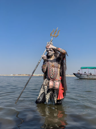 Varanasi, Uttar Pradesh, India - March 2023: Masan Holi, Portrait of an male artist with painted face act as lord shiva during the celebration of masaan holi at harishchandra ghat.のeditorial素材