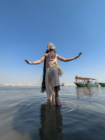 Varanasi, Uttar Pradesh, India - March 2023: Masan Holi, Portrait of an male artist with painted face act as lord Krishna during the event of masaan holi at harishchandra ghat.のeditorial素材