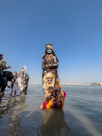 Varanasi, Uttar Pradesh, India - March 2023: Masan Holi, Portrait of an male artist with painted face act as lord shiva during the celebration of masaan holi at harishchandra ghat.のeditorial素材