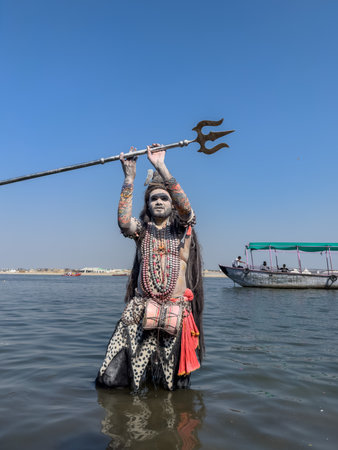 Varanasi, Uttar Pradesh, India - March 2023: Masan Holi, Portrait of an male artist with painted face act as lord shiva during the celebration of masaan holi at harishchandra ghat.のeditorial素材