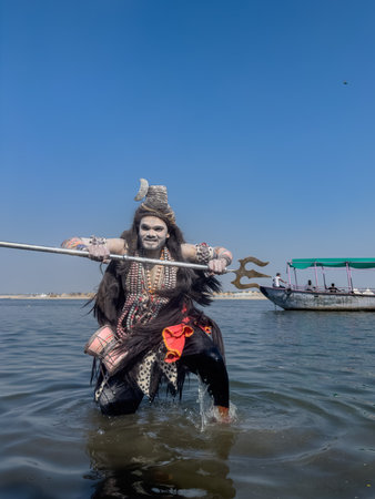Varanasi, Uttar Pradesh, India - March 2023: Masan Holi, Portrait of an male artist with painted face act as lord shiva during the celebration of masaan holi at harishchandra ghat.のeditorial素材
