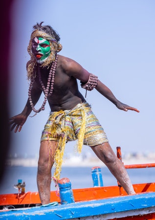 Varanasi, Uttar Pradesh, India - March 2023: Masan Holi, Portrait of an male artist with ash on face act as lord shiva during the celebration of masaan holi at harishchandra ghat.のeditorial素材