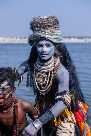 Varanasi, Uttar Pradesh, India - March 2023: Masan Holi, Portrait of an male artist with ash on face...