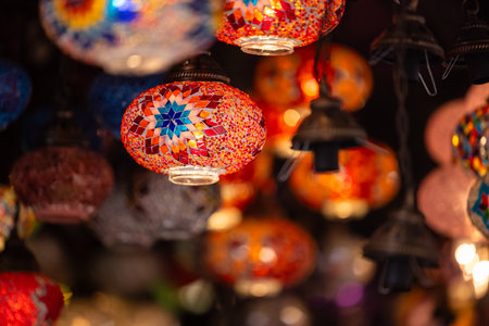 Turkey. Market With Many Traditional Colorful Handmade Turkish Lamps And Lanterns. Lanterns Hanging In Shop For Sale. Popular Souvenirs From Turkey.の写真素材